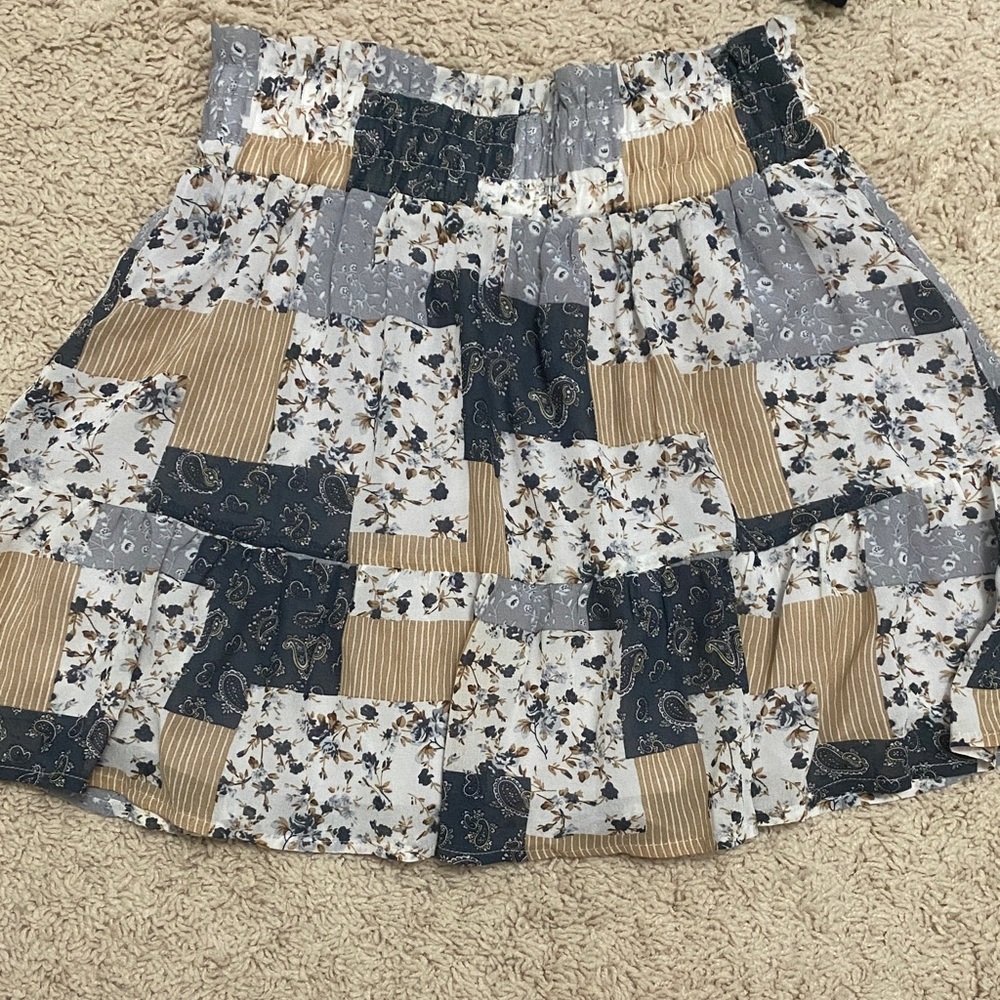 Altar'd State Patchwork Floral Skater Skirt - Blue, Tan, Cream